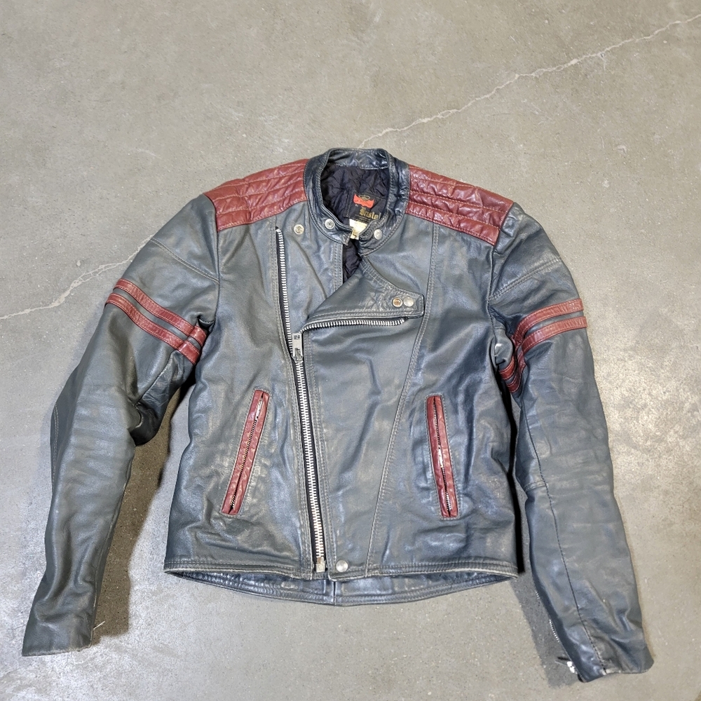 1970's Bristol Two Tones Black and Red Café Racer Leather Jacket mens small punk